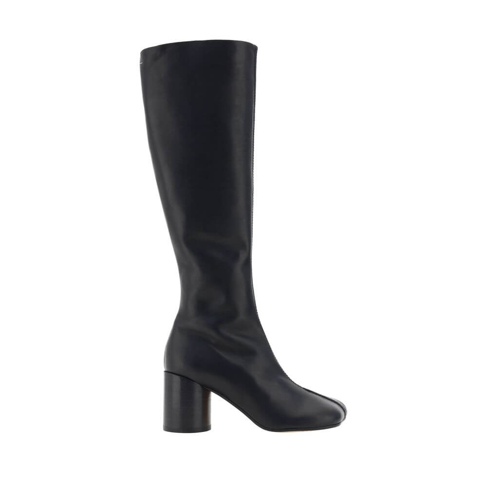 MM6 Black Calf Leather Bos Taurus Boots with iconic Tabi toe, knee-high, side zip, cylindrical heel, bold and contemporary design.