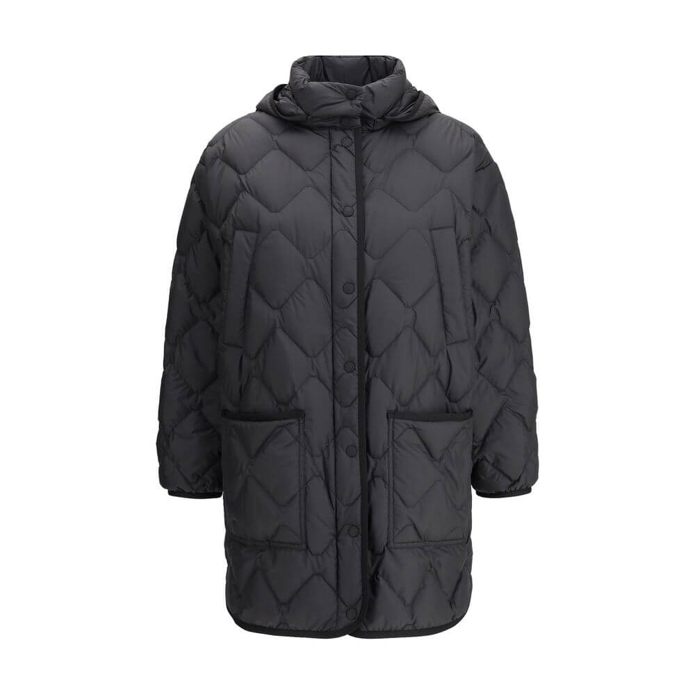 Woolrich Black Polyester Clothing - Heritage Down Jacket with hood, front snap closure, knee length, and front pockets for cold weather.