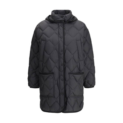Woolrich Black Polyester Clothing - Heritage Down Jacket with hood, front snap closure, knee length, and front pockets for cold weather.