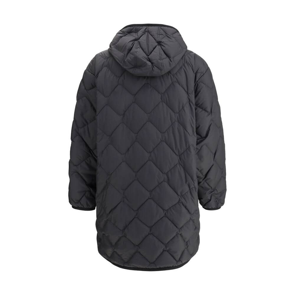 Back view of Woolrich Black Polyester Clothing Heritage Down Jacket with hood and quilted design, showcasing knee length fit and winter warmth.