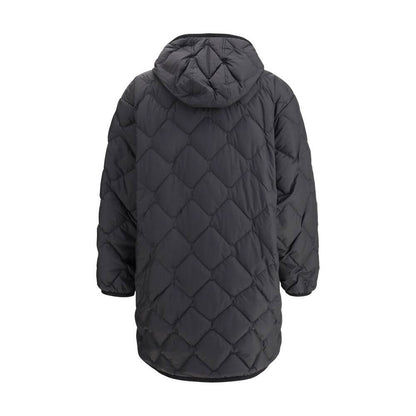 Back view of Woolrich Black Polyester Clothing Heritage Down Jacket with hood and quilted design, showcasing knee length fit and winter warmth.