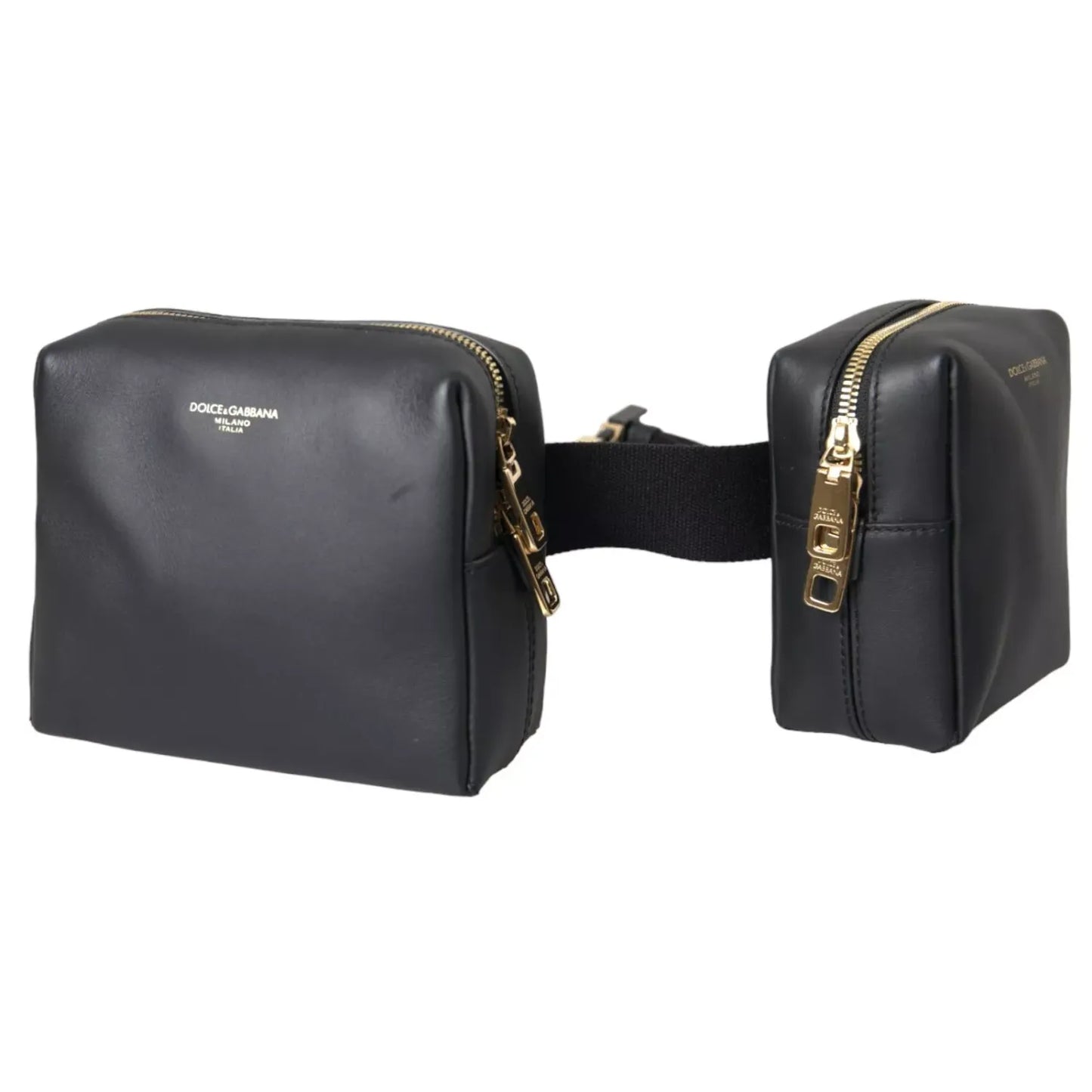 Dolce & Gabbana Black Calfskin Leather Double Waist Belt Fanny Pack Bag