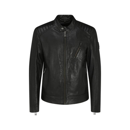 Belstaff Black Leather Jacket, lambskin V Racer with front zipper, snap button neckline, and logo patch, featuring sleeve zippers and slanted pocket.