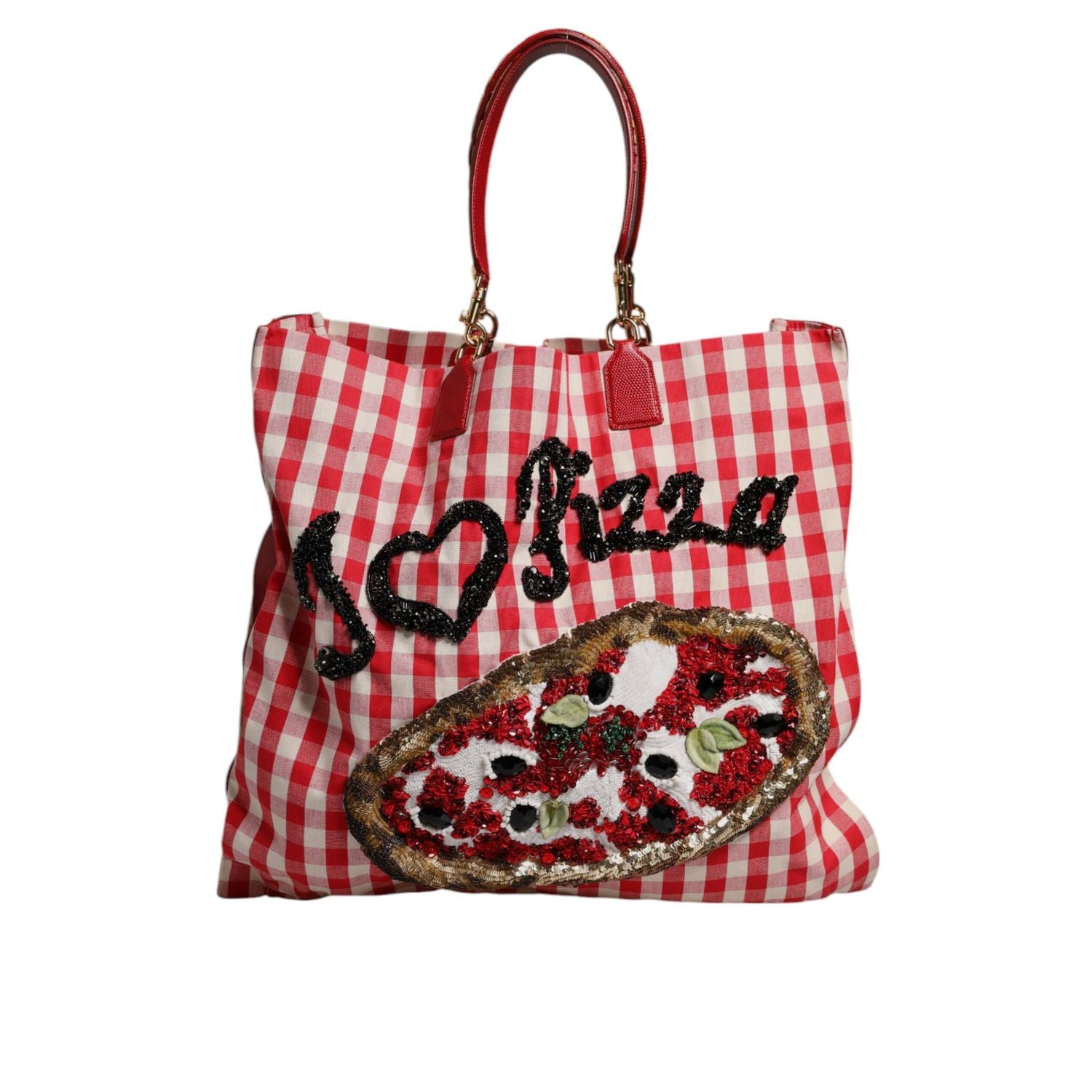 Dolce & Gabbana Red I Love Pizza Rhinestone Embellished Tote Bag