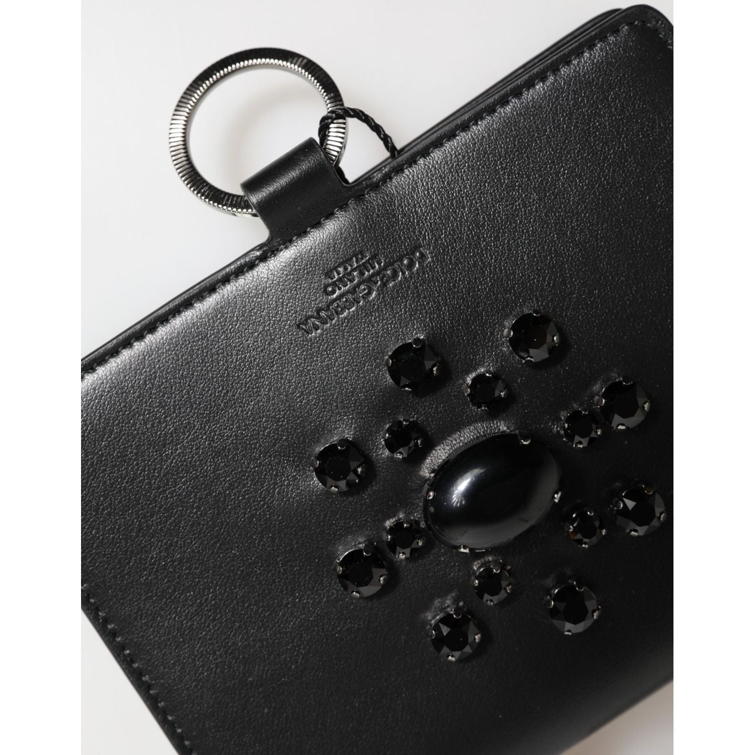 Dolce & Gabbana Black Leather Crystal Embellished Card Holder Wallet