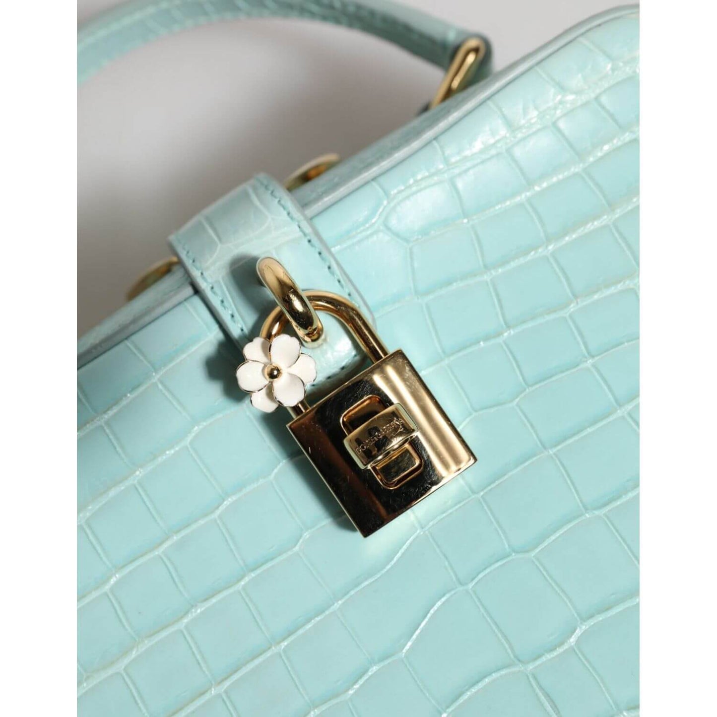Dolce & Gabbana Mint Green Embossed Leather Padlock Shoulder Bag with gold padlock detail and crocodile texture.