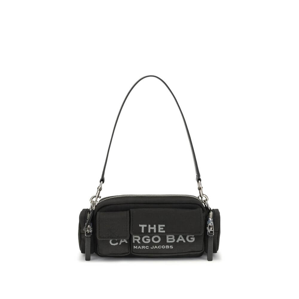 Marc Jacobs Black Canvas Shoulder Bag with exterior pockets and interchangeable straps. Stylish and functional design for AW25 season.