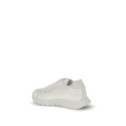 Prada White Rubber Athletic Sneakers with mesh design and enameled metal triangle logo, showcasing urban style and comfort.