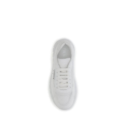 Top view of Prada White Rubber Athletic Sneakers featuring technical fabric and mesh design for comfort and urban style.
