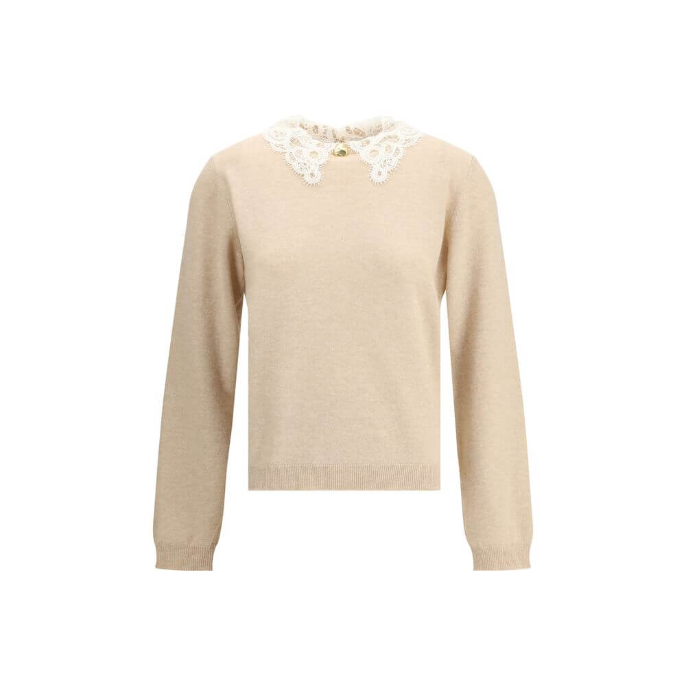 Fabiana Filippi Beige Fleece Wool Sweatshirt with lace collar and gold button front, ribbed hem and cuffs, elegant look, AW25 collection.