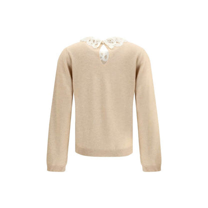 Back view of Fabiana Filippi Beige Fleece Wool Sweatshirt with lace collar and gold button, showcasing its elegant and feminine design.