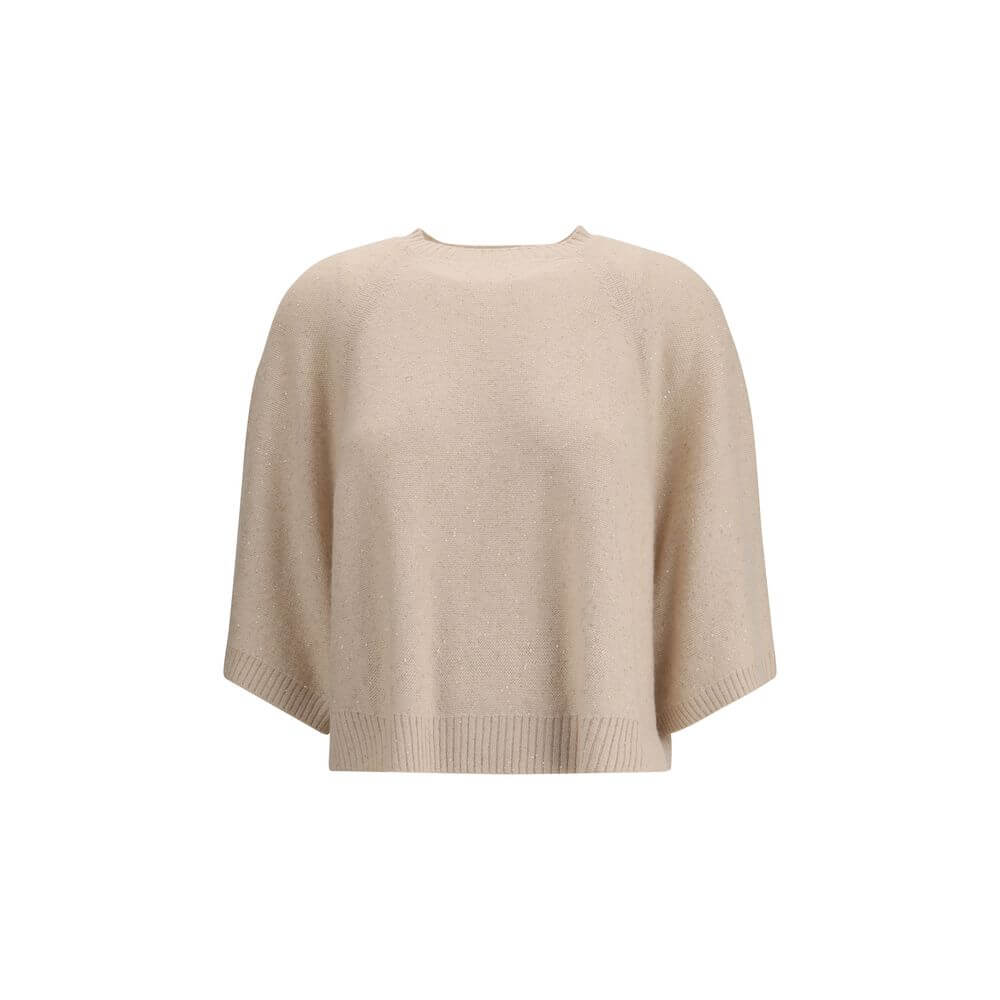 Fabiana Filippi Beige Fleece Wool Sweatshirt with sequins, ribbed crew neck, 3/4 sleeves, and ribbed hem for AW25 season.