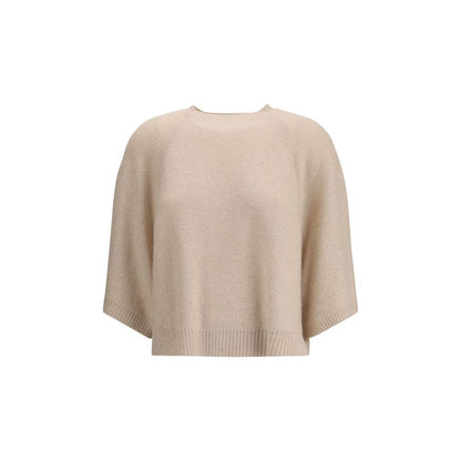 Fabiana Filippi Beige Fleece Wool Sweatshirt with sequins, ribbed crew neck, 3/4 sleeves, and ribbed hem for AW25 season.