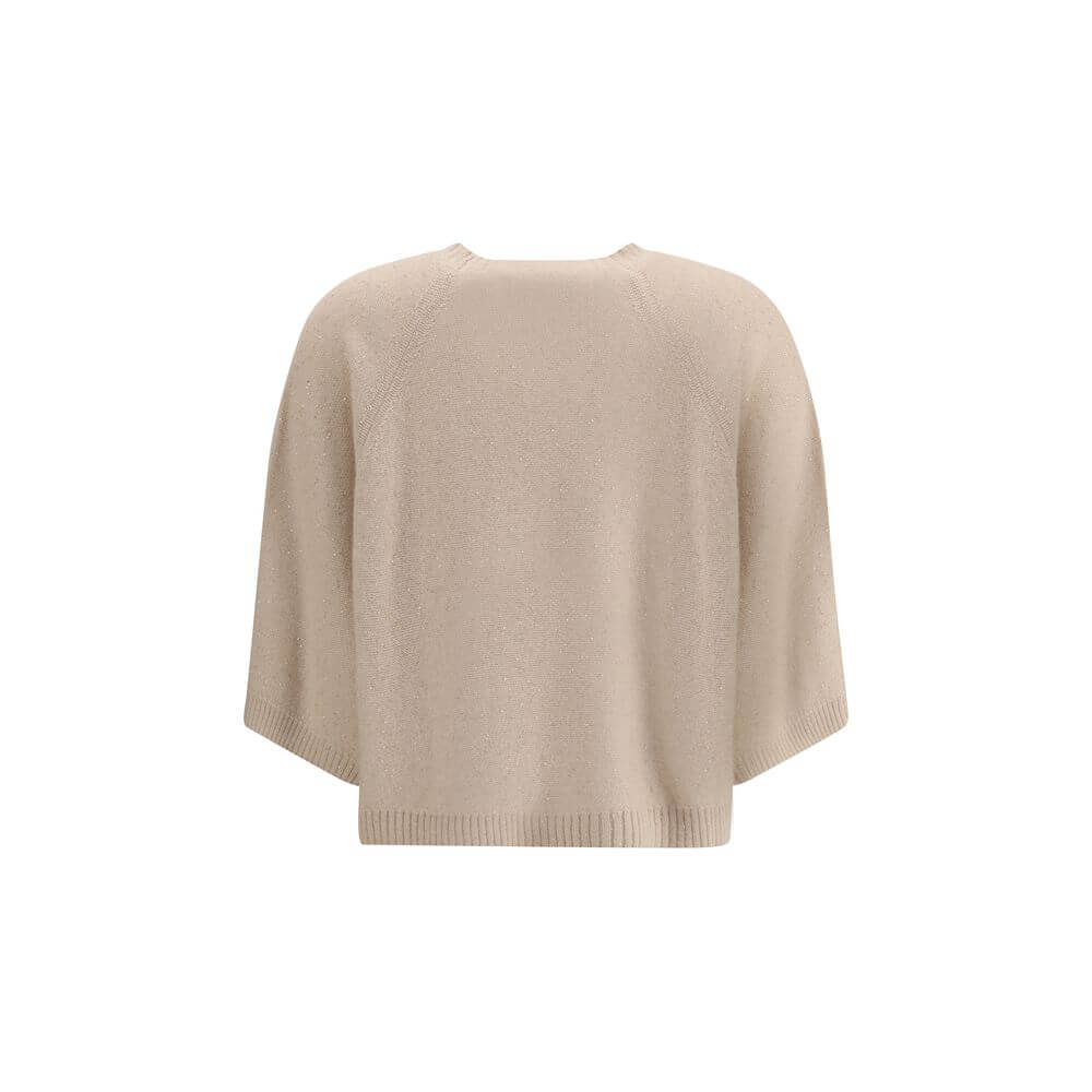 Rear view of Fabiana Filippi Beige Fleece Wool Sweatshirt with ribbed hem and 3/4 sleeves, showcasing elegant Italian craftsmanship.