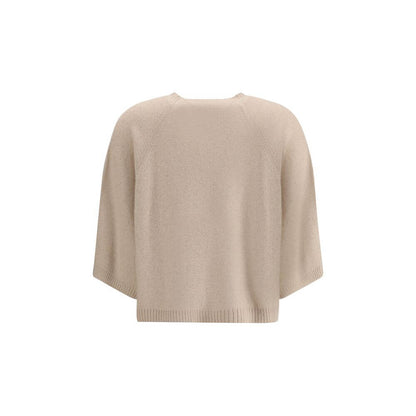 Rear view of Fabiana Filippi Beige Fleece Wool Sweatshirt with ribbed hem and 3/4 sleeves, showcasing elegant Italian craftsmanship.