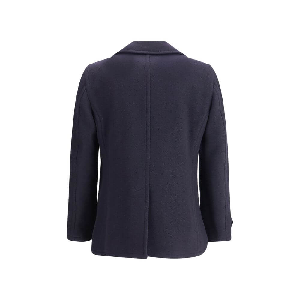 Back view of Tagliatore Blue Wool Coat with back slit and tailored fit, showcasing elegant design and craftsmanship.