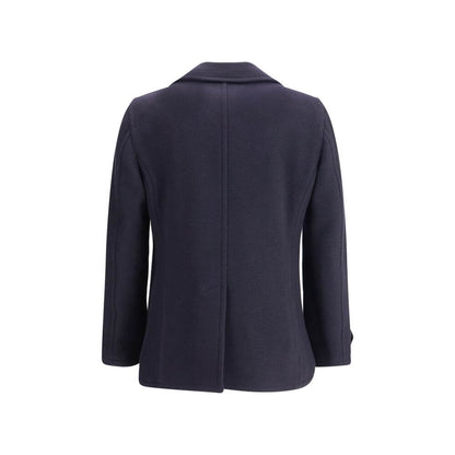 Back view of Tagliatore Blue Wool Coat with back slit and tailored fit, showcasing elegant design and craftsmanship.