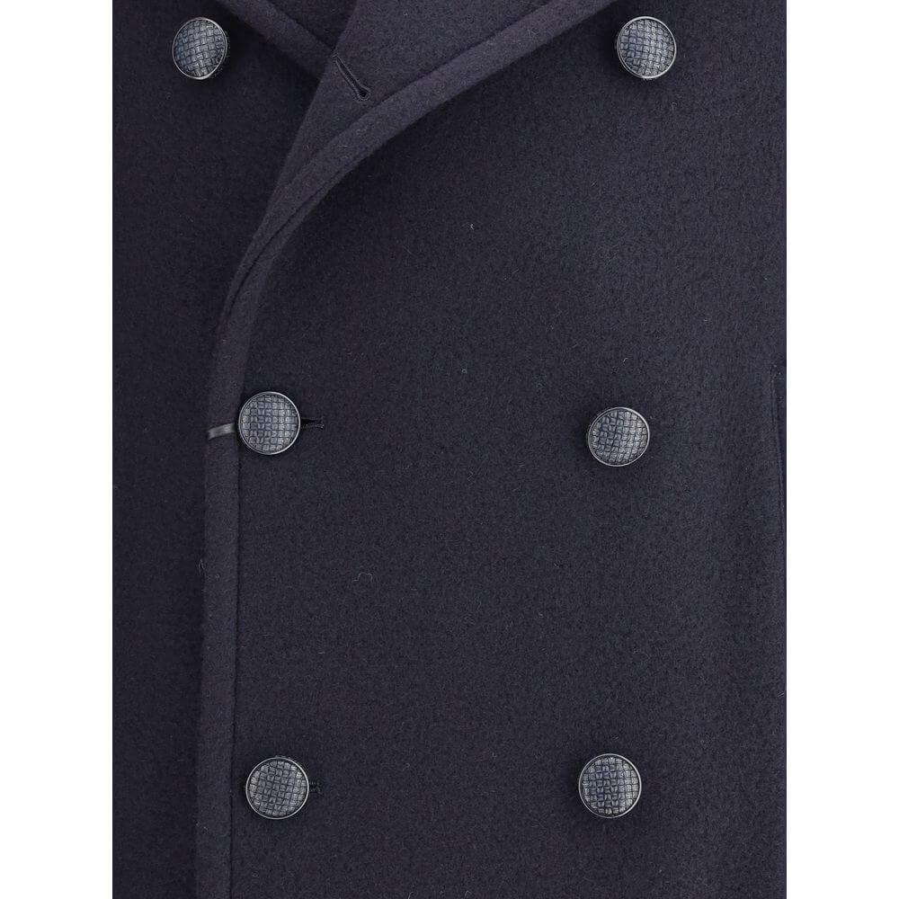 Close-up of Tagliatore Blue Wool Coat with double-breasted front button detail, showcasing elegant style and craftsmanship.