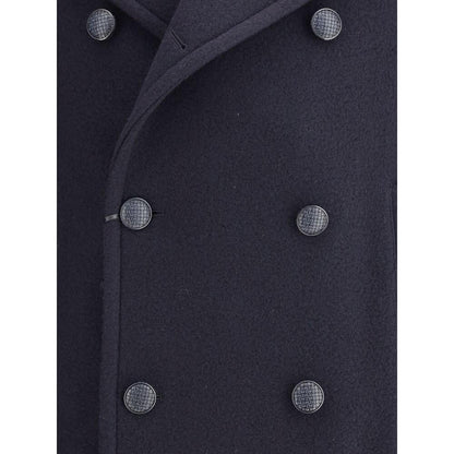 Close-up of Tagliatore Blue Wool Coat with double-breasted front button detail, showcasing elegant style and craftsmanship.