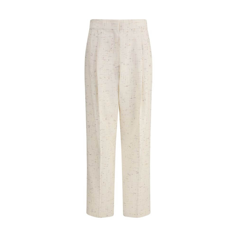 Fabiana Filippi Cream Cotton Casual Pants with pleated design and welt pockets, straight leg, made in Italy. Elegant and structured fabric.