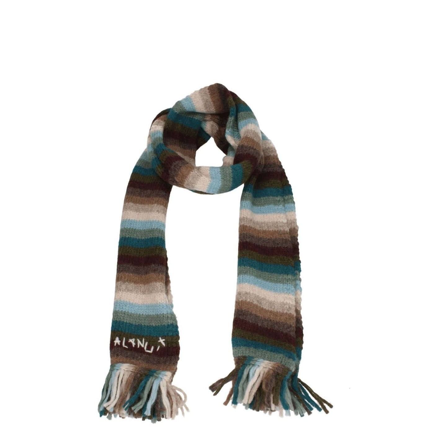 Striped Alanui Beige Leather Scarf with fringes, featuring alpaca blend materials and "Alanui" logo, in blue, brown, beige tones.