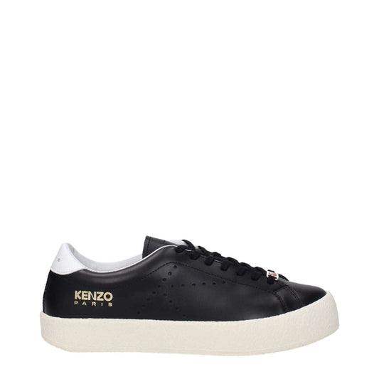 Kenzo Black Leather Low Top Sneakers with logo design, lace-up closure, and rubber sole, featuring a sporty glam style and round toe.