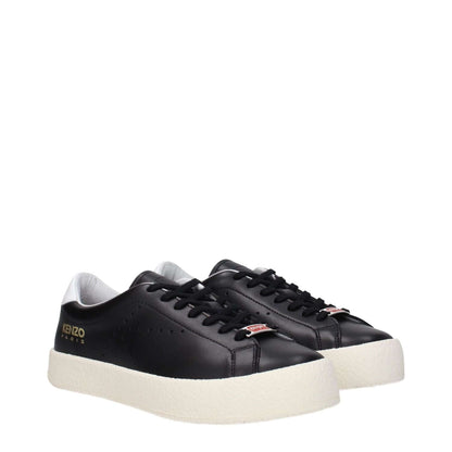 Kenzo Black Leather Low Top Sneakers with logos and rubber sole