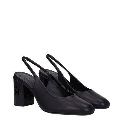 Max Mara Black Leather High Heel Pumps with logo, round toe, and mid heel design. Casual leather sandals with 7.5 cm heel.