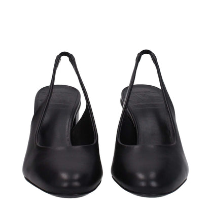 Max Mara Black Leather High Heel Pumps with round toe and mid heels, featuring side and back logo designs, casual style.