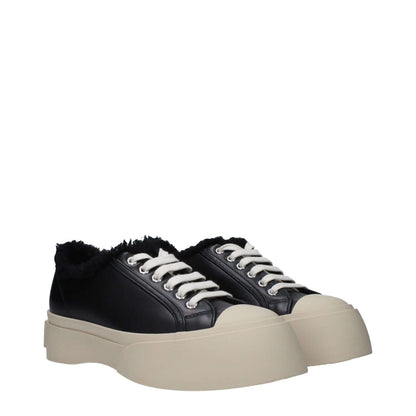 Marni Black Leather Chunky Sneakers with fur detail, lace-up closure, rubber sole, and mid heels, featuring front and back logos.