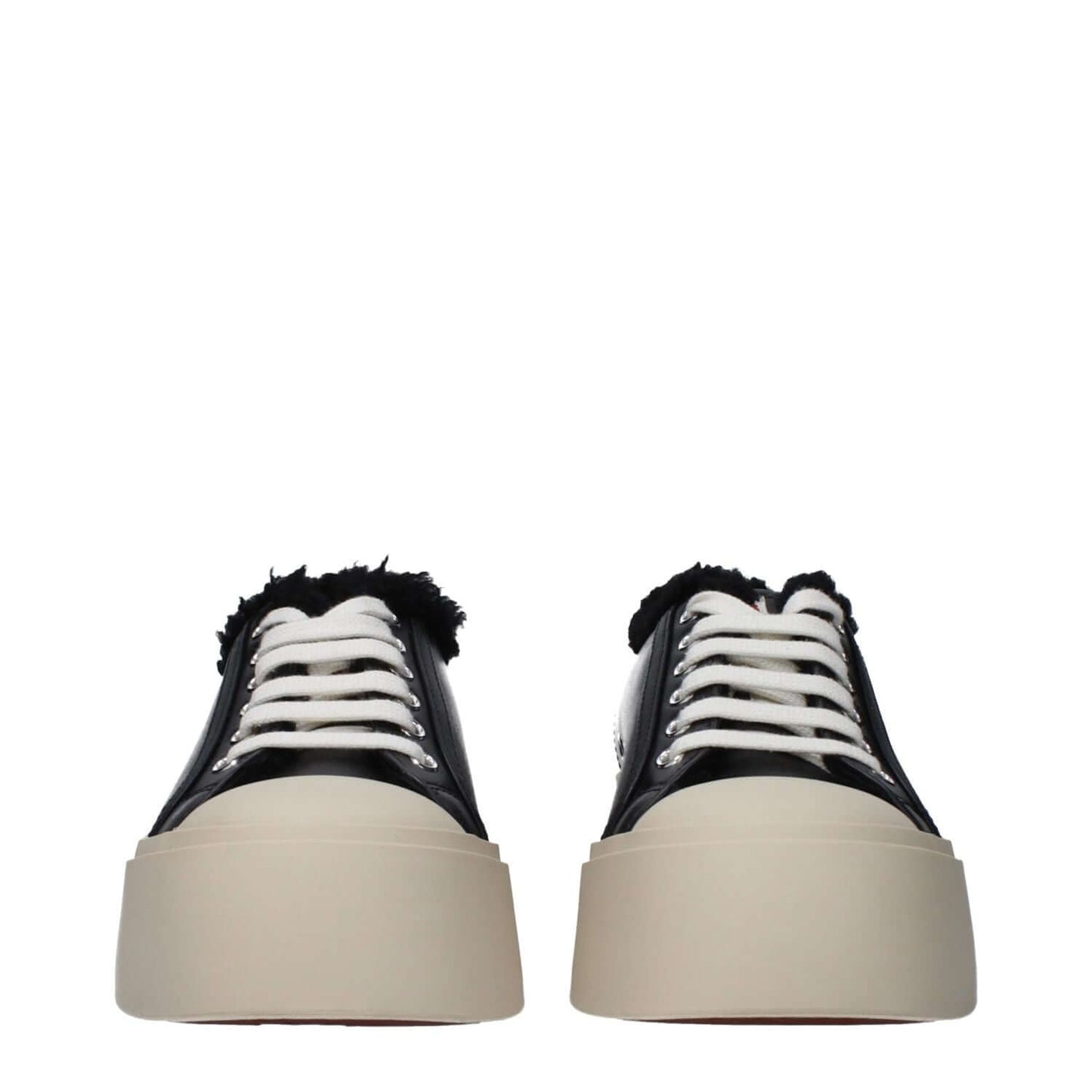 Marni Black Leather Chunky Sneakers with fur detail, lace-up closure, and rubber sole, featuring front and back logos. Style: Casual.