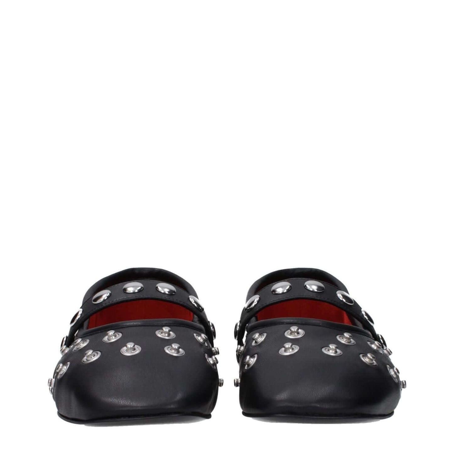 Stella McCartney Black Leather Ballet Flats with silver studs, round toe, and button closure, eco leather material, low flat heel.
