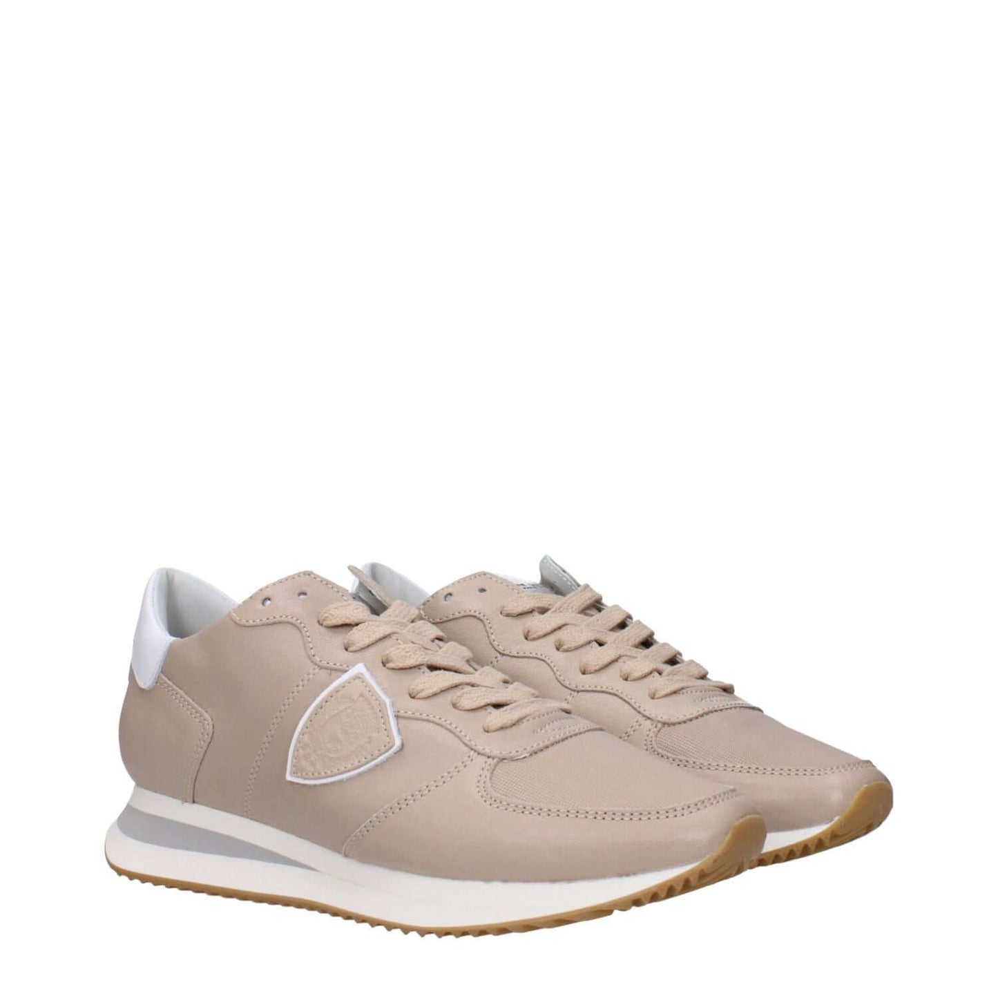 Philippe Model Beige Leather Low Top Sneakers with front logo, back logo, and unique side detail in different colors.