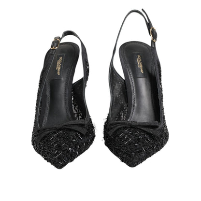 Dolce & Gabbana Black Tulle Ricamo Heels Slingbacks Shoes