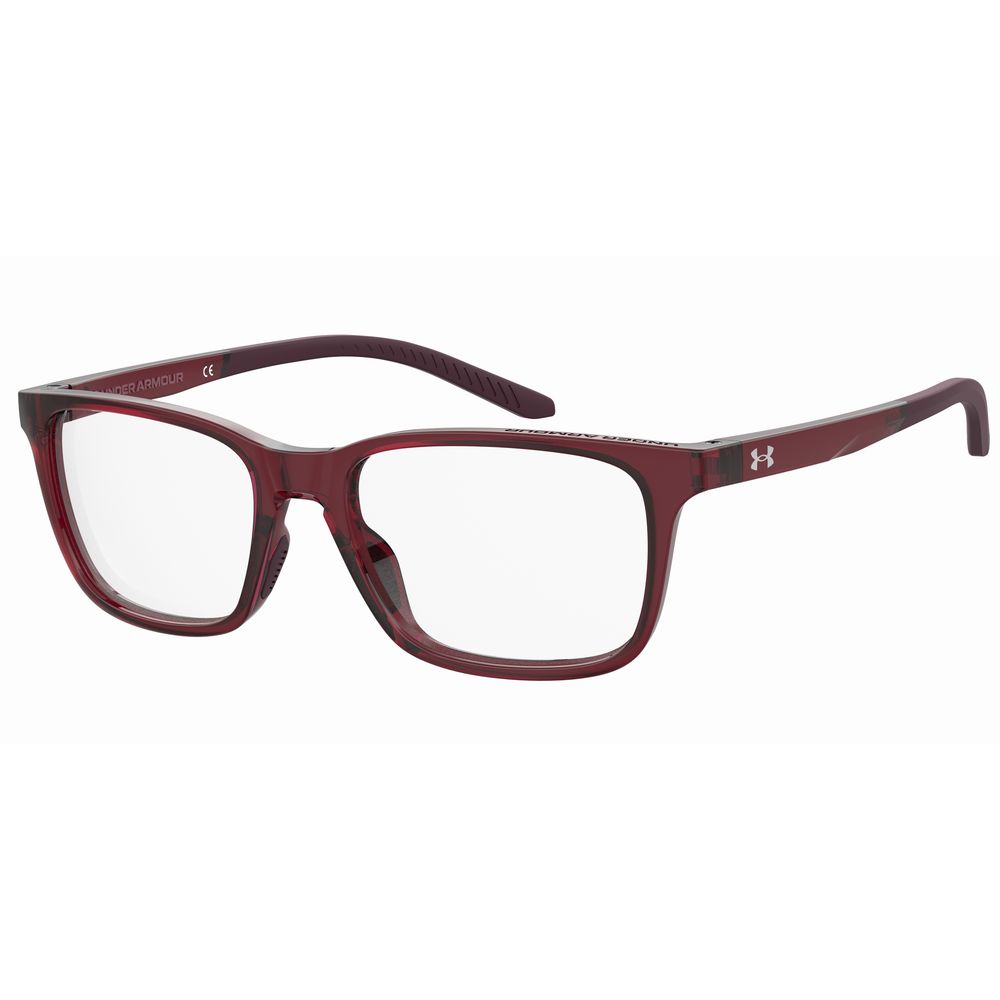 Under Armour Transparent Resin Frames for women with clear lenses and maroon frame, style UA5055YKZF417, size 54/17/140mm