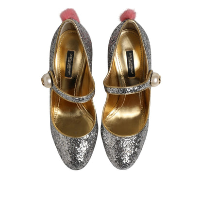 Dolce & Gabbana Silver Glitter Mink Fur VALLY Pump Shoes