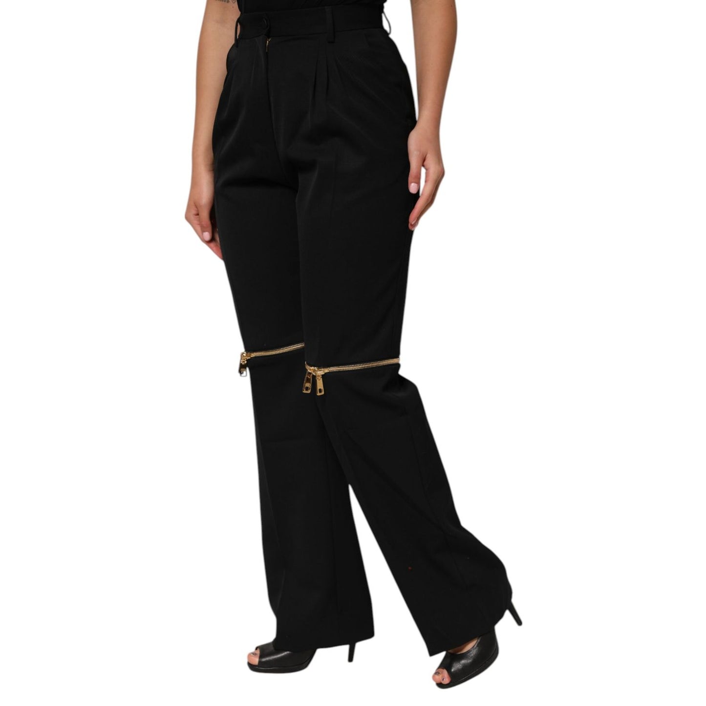 Dolce & Gabbana Black Zip Detailed Wool Straight Leg Pants