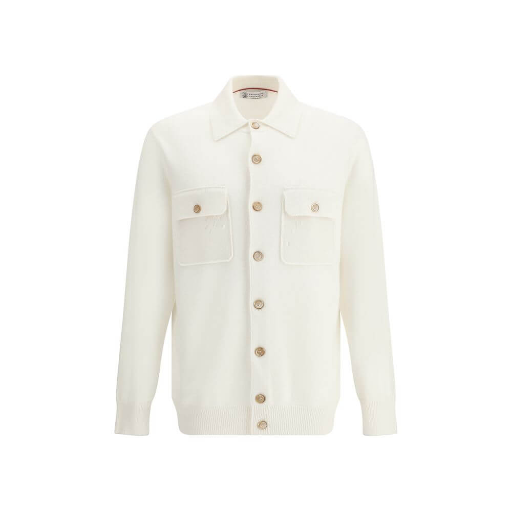 Brunello Cucinelli White Cashmere Cardigan with ribbed collar, patch pockets, button closure, made in Italy for AW25 season.