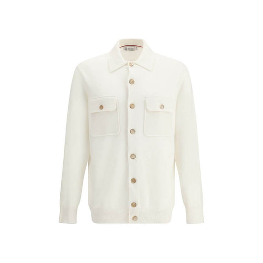 Brunello Cucinelli White Cashmere Cardigan with ribbed collar, patch pockets, button closure, made in Italy for AW25 season.