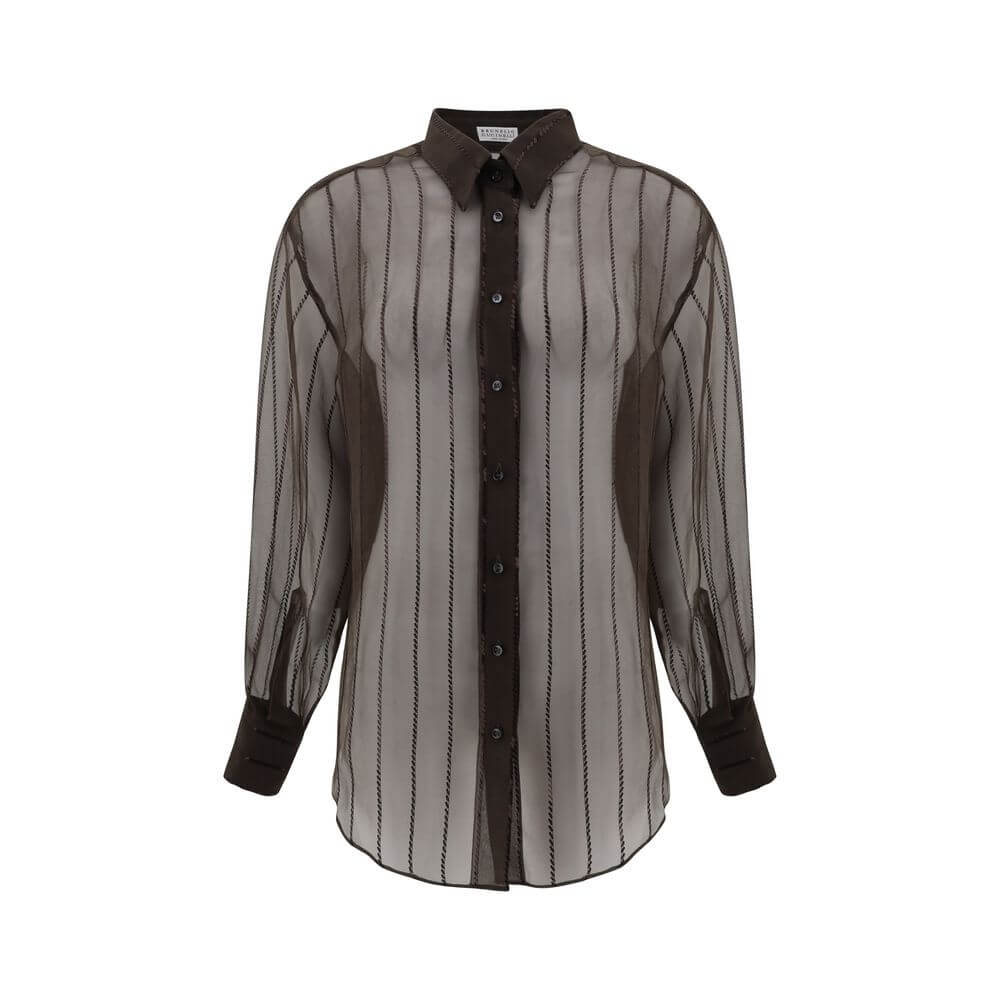 Brunello Cucinelli Brown Silk Blouse with sequin embellishments, featuring a semi-transparent design and adjustable button cuffs, AW25.