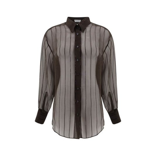 Brunello Cucinelli Brown Silk Blouse with semi-transparent design, embellished with sequins and classic collar, AW25 collection