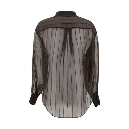 Back view of Brunello Cucinelli Brown Silk Blouse showcasing semi-transparent fabric and classic design.