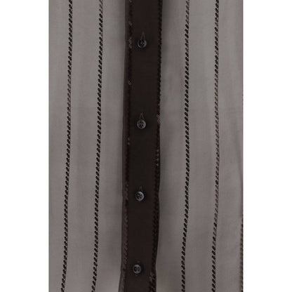 Close-up of Brunello Cucinelli Brown Silk Blouse with sequins and button closure, showcasing elegance and sophistication, AW25 collection.