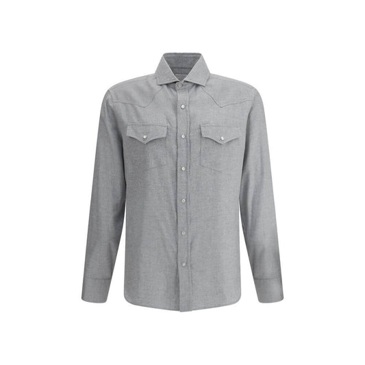 Brunello Cucinelli Gray Cotton Pattern Shirt with classic collar and flap pockets