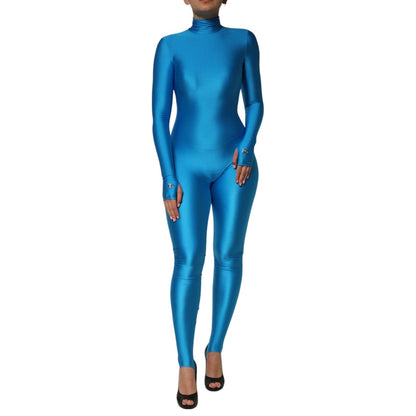 Dolce & Gabbana Blue Nylon Turtleneck Bodycon Jumpsuit Dress