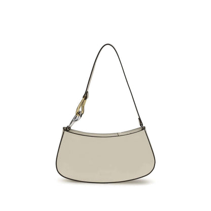 Staud Cream Calf Leather Bos Taurus Shoulder Bag with clean design and flat strap, featuring double snap hook and zippered top closure.