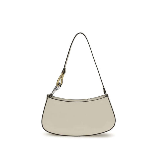 Staud Cream Calf Leather Bos Taurus Shoulder Bag with clean design and flat strap, featuring double snap hook and zippered top closure.