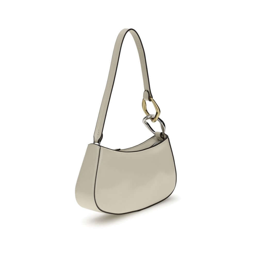 Staud Cream Calf Leather Bos Taurus Shoulder Bag with double snap hook and zippered top closure