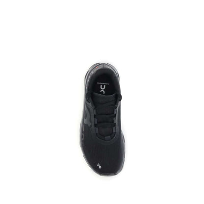 Top view of ON Black Polyester Athletic Sneakers with lace-up closure and brand logo on tongue, featuring reinforced cushioned sole.