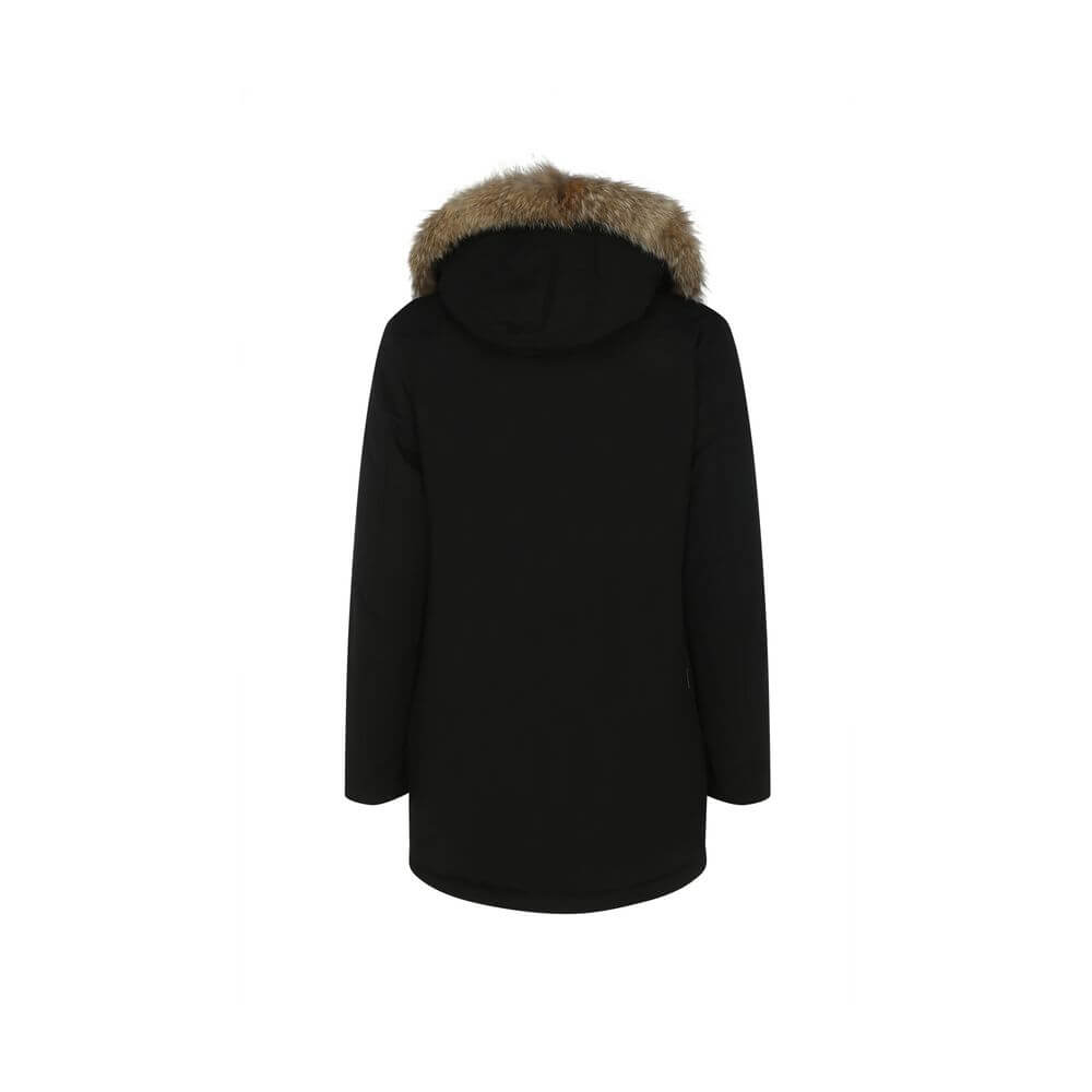 Back view of Woolrich Black Cotton Parka with fur hood detail, featuring oversized fit and padded design, ideal for AW25 season.